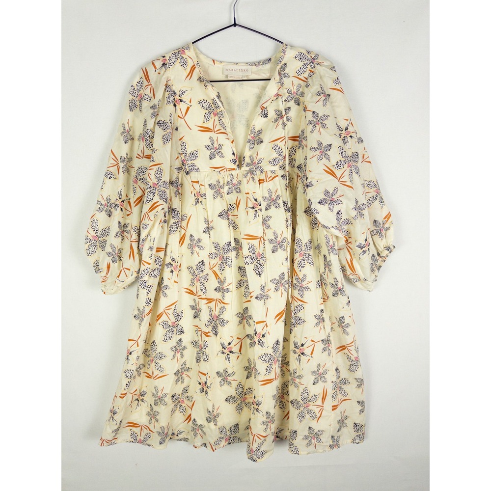 Caballero Anthropologie Floral Mini Dress Womens S Cream Cotton V-Neck Boho Fest